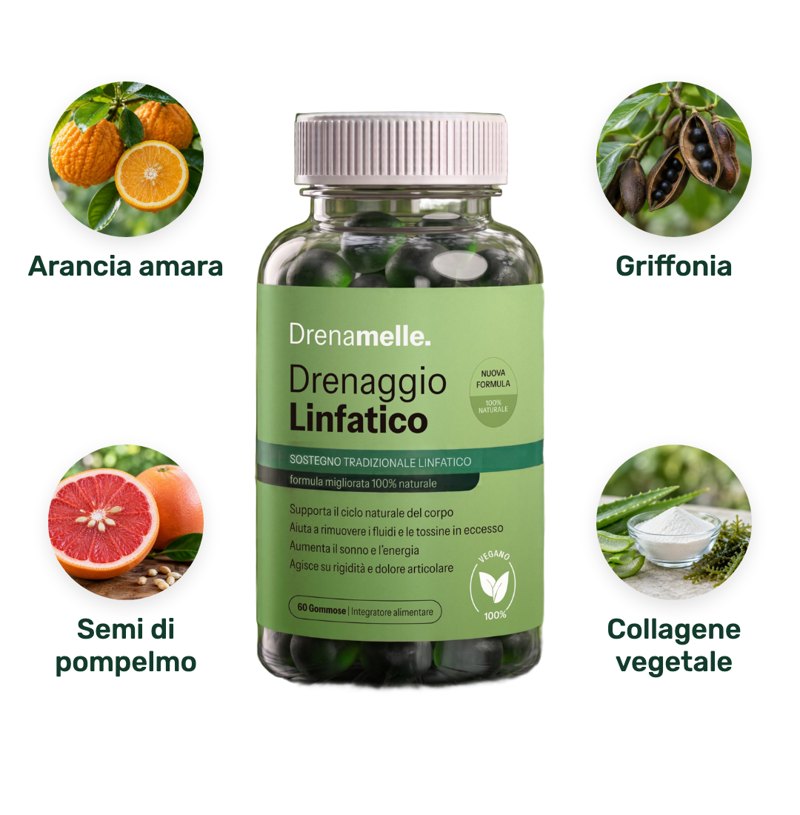 I 4 ingredienti di Drenamelle: arancia amara, griffonia, semi di pompelmo, collagene vegetale
